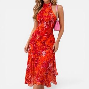 Vtg Y2K Glamor Angel Halter Asymmetrical Midi Dress Tropical Fairy Whimsical M